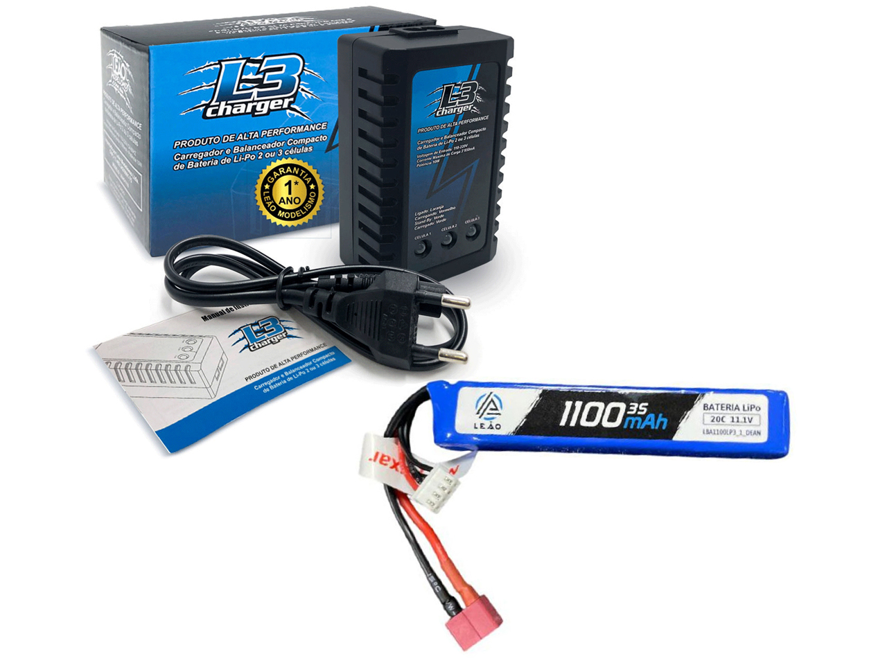 alt="Conjunto Bateria Lipo Leão - 11.1 V 1100 mAh 1 Pack - Plug Deans T + Carregador L3"