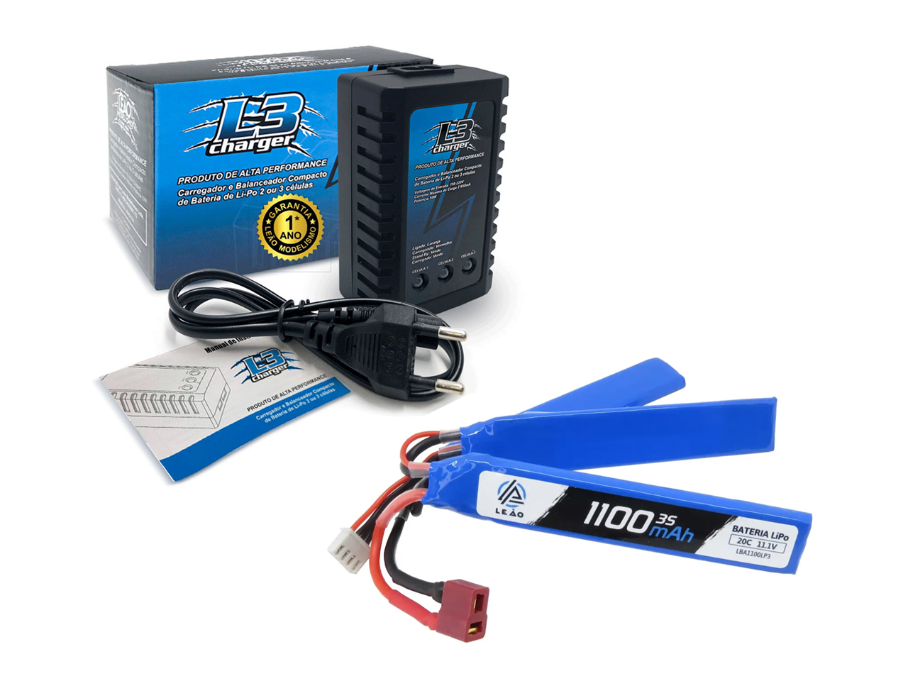 alt="Conjunto Bateria Lipo Leão - 11.1 V 1100 mAh 3 Células - Plug Deans T + Carregador L3"